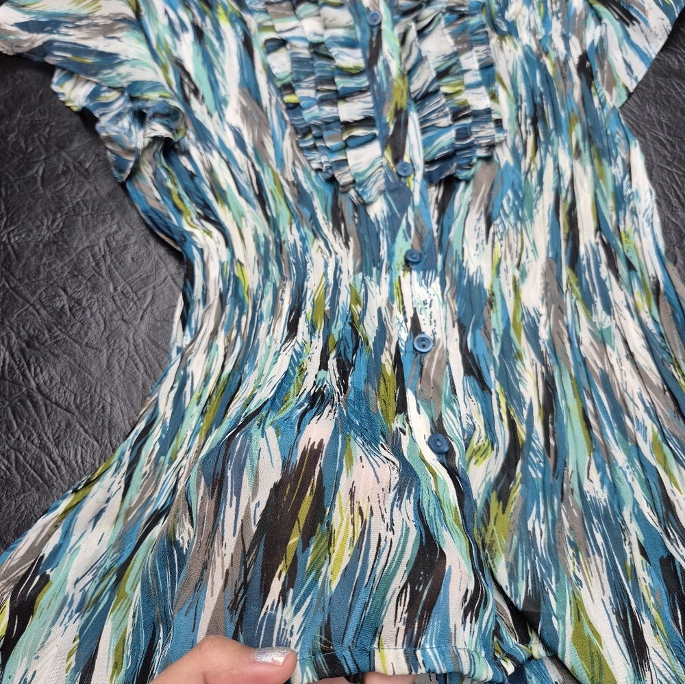 Blue Multi-Print Ruffled Button-Front Women's Top - Picture 4 of 7